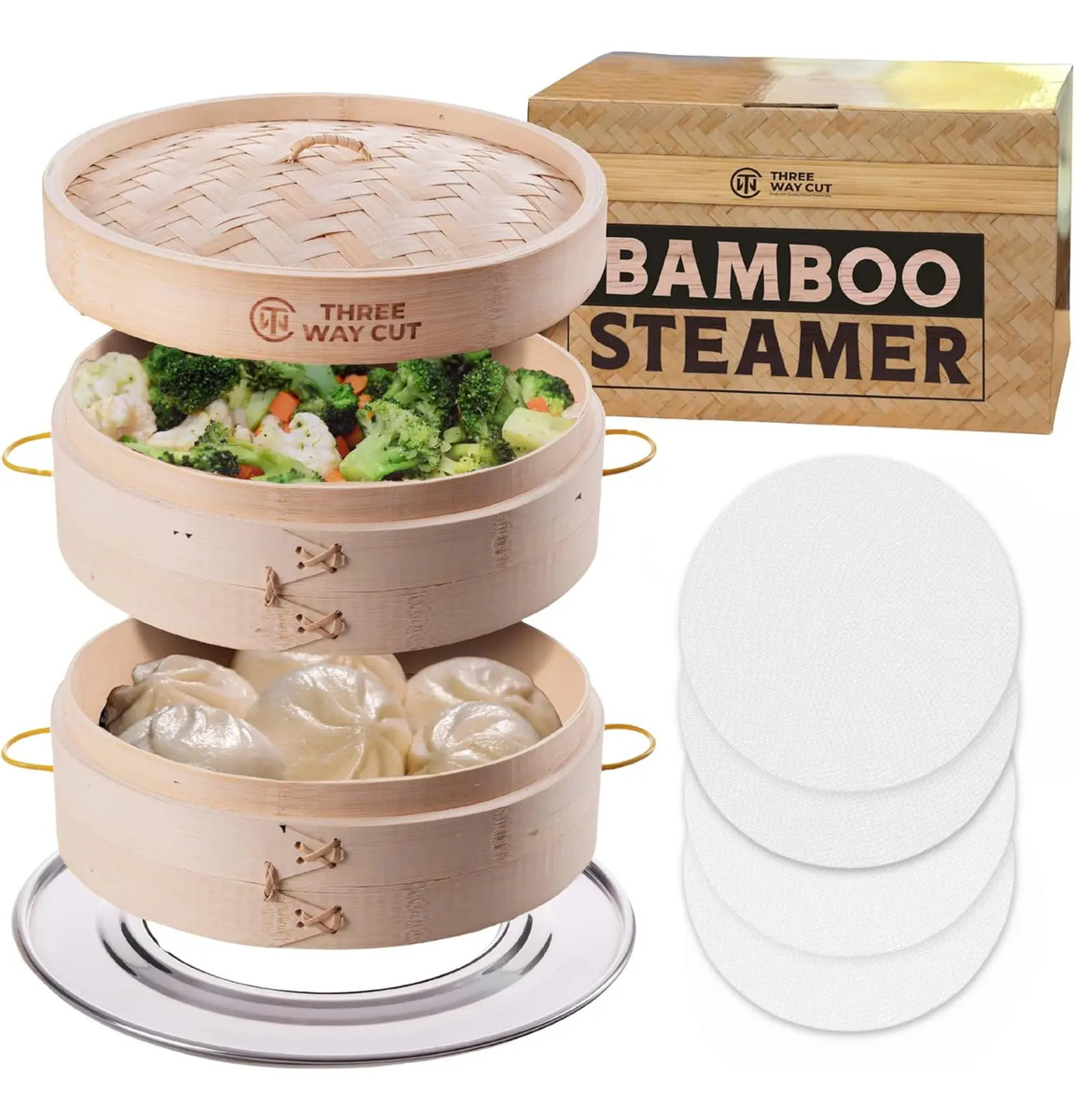 Vaporizador De Bambú 26cm Con Cesta De Madera Y Forro De Sil