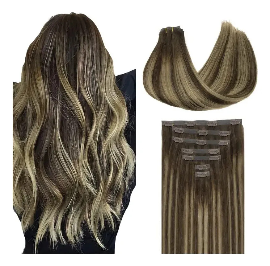 Cabello Humano Natural Clip En 55 Cm Castaño Con Mechas Rubias