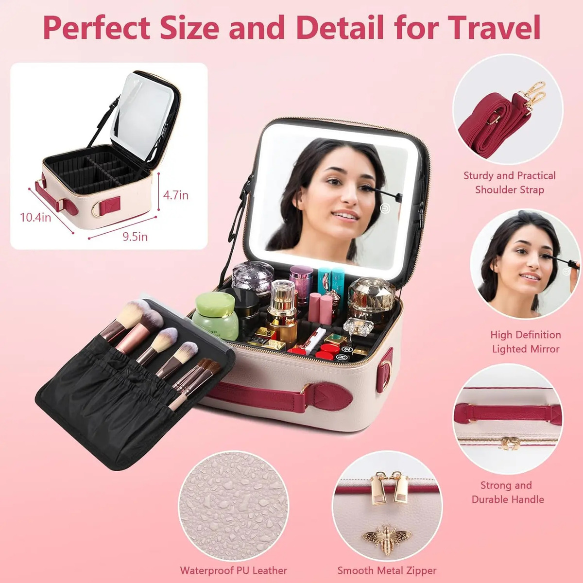 Bolso De Maquillaje Portátil Con Espejo Led Rosa Claro - Image 4