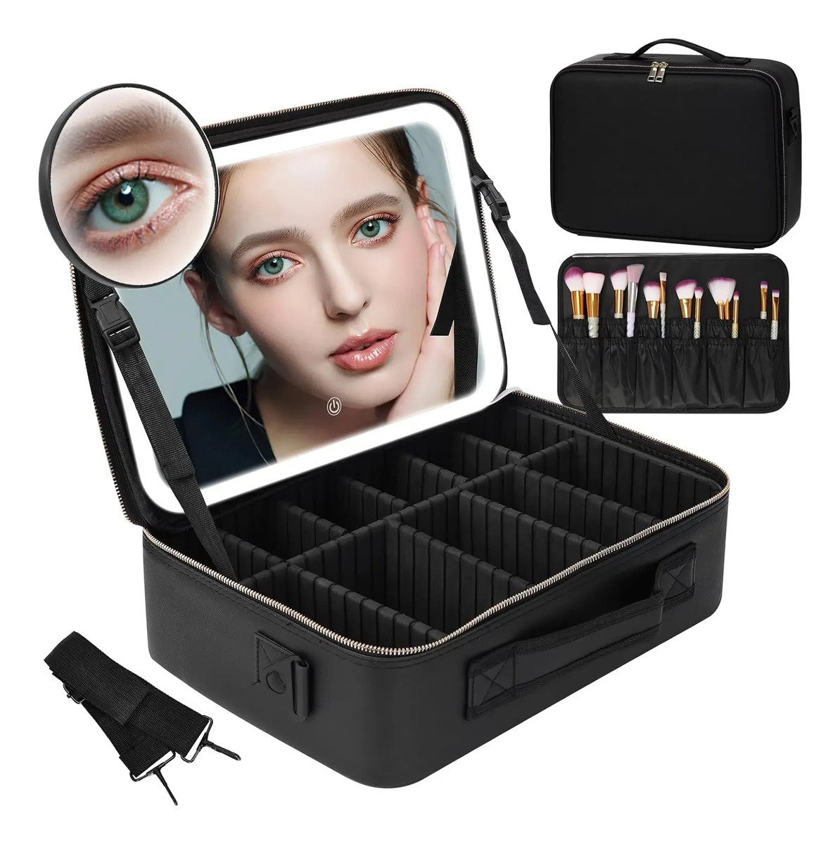 Bolso De Maquillaje Super Grande Con Espejo Y Luces Led, Neg