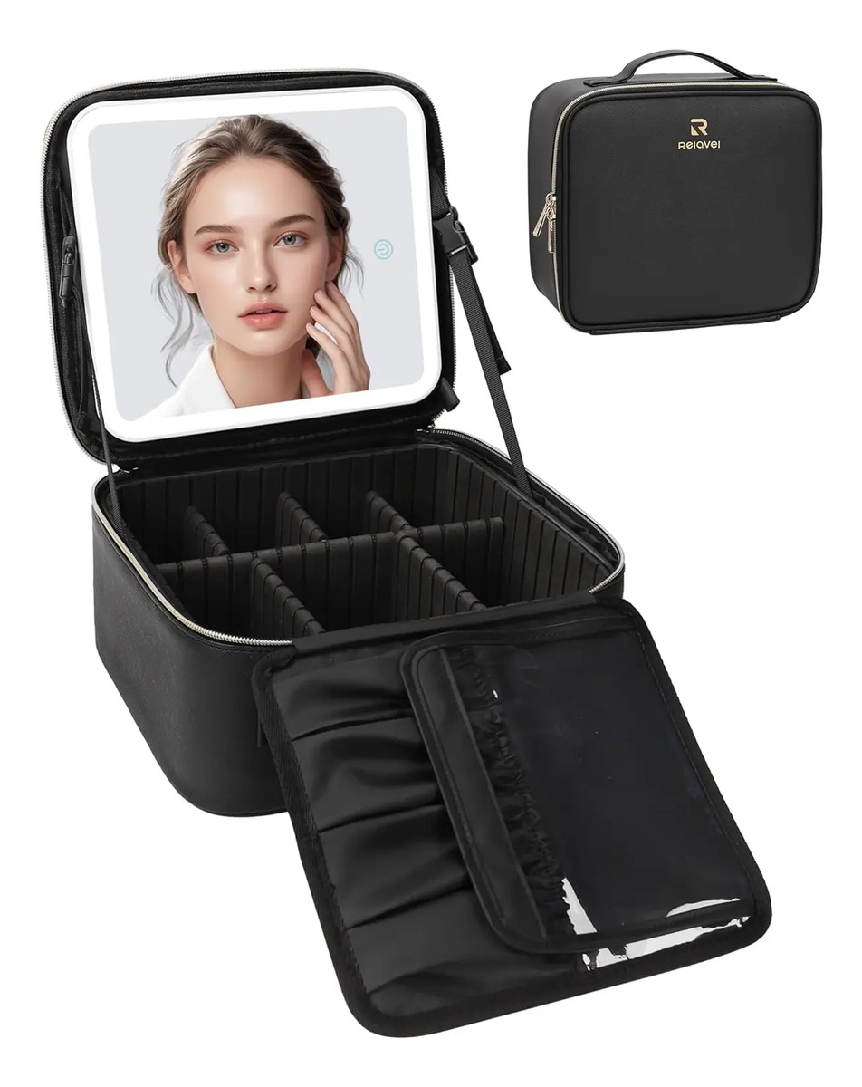 Bolso De Maquillaje Con Espejo Iluminado Y Organizador Negro