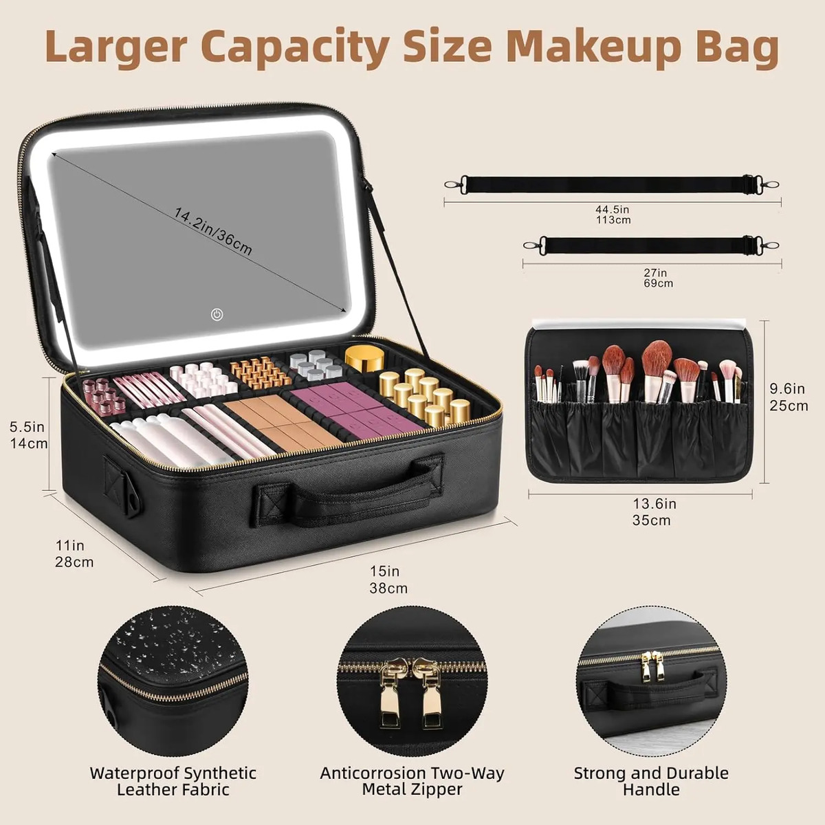 Bolso De Maquillaje Con Espejo Led, 38x28 Cm, Profesional - Image 4