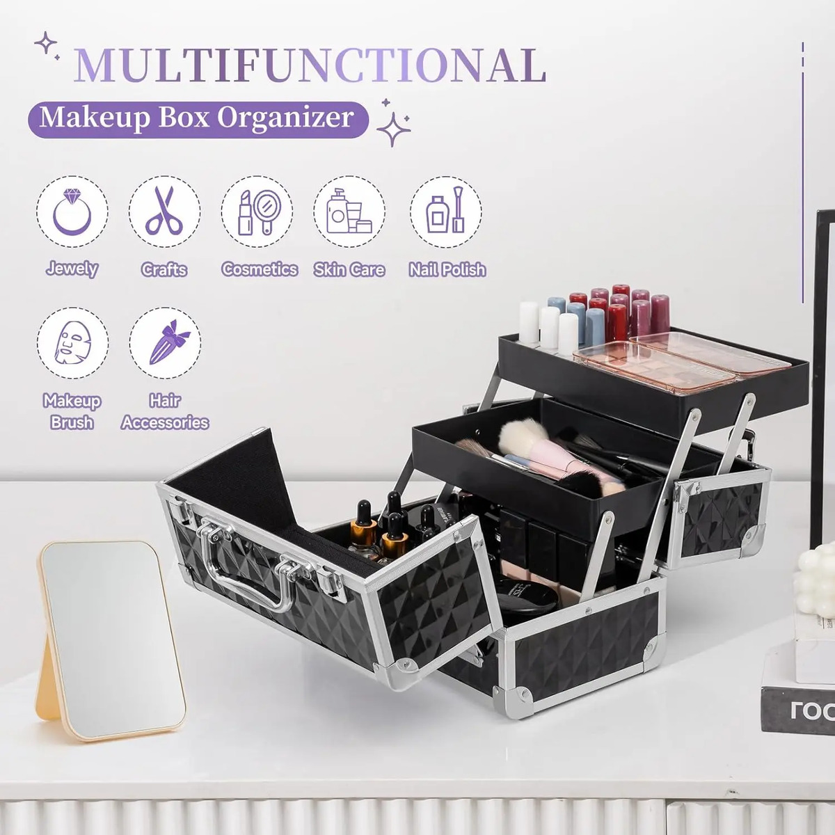 Caja De Maquillaje Portátil Con Espejo Y Bandejas - Image 4