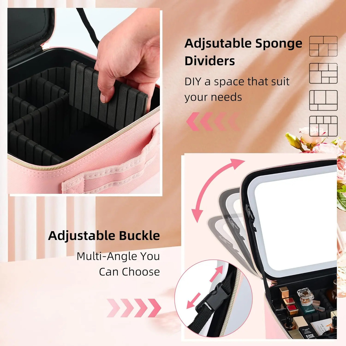Bolsa De Maquillaje Con Espejo Led Rosa Para Mujeres - Image 5
