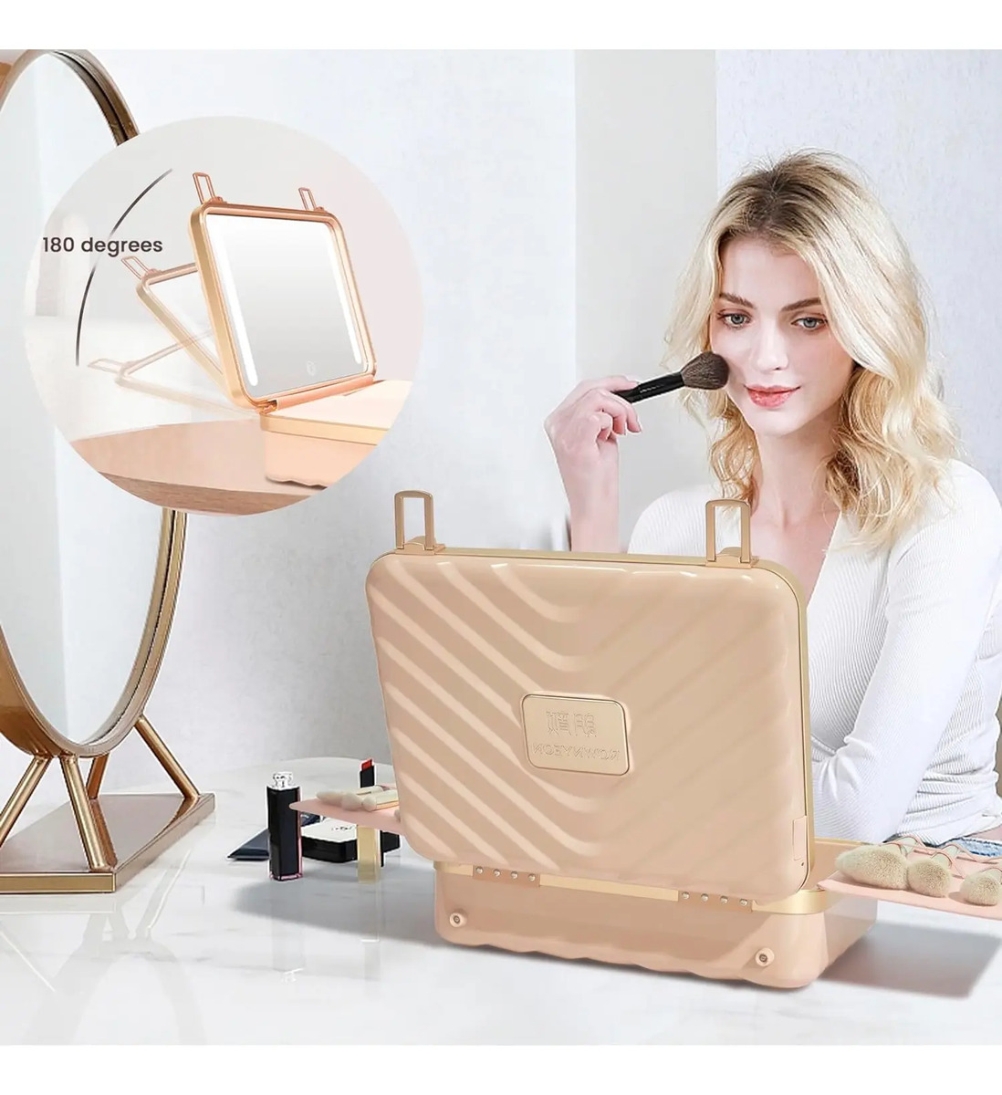 Maleta De Maquillaje Portátil Con Luz Rosa Para Chicas - Image 2