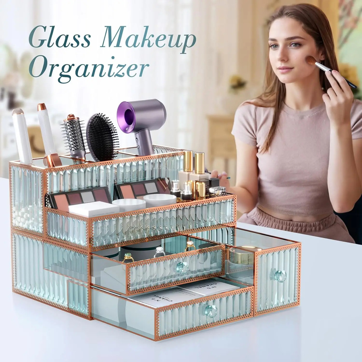 Organizador De Maquillaje De Vidrio Para Cosméticos Verde - Image 3