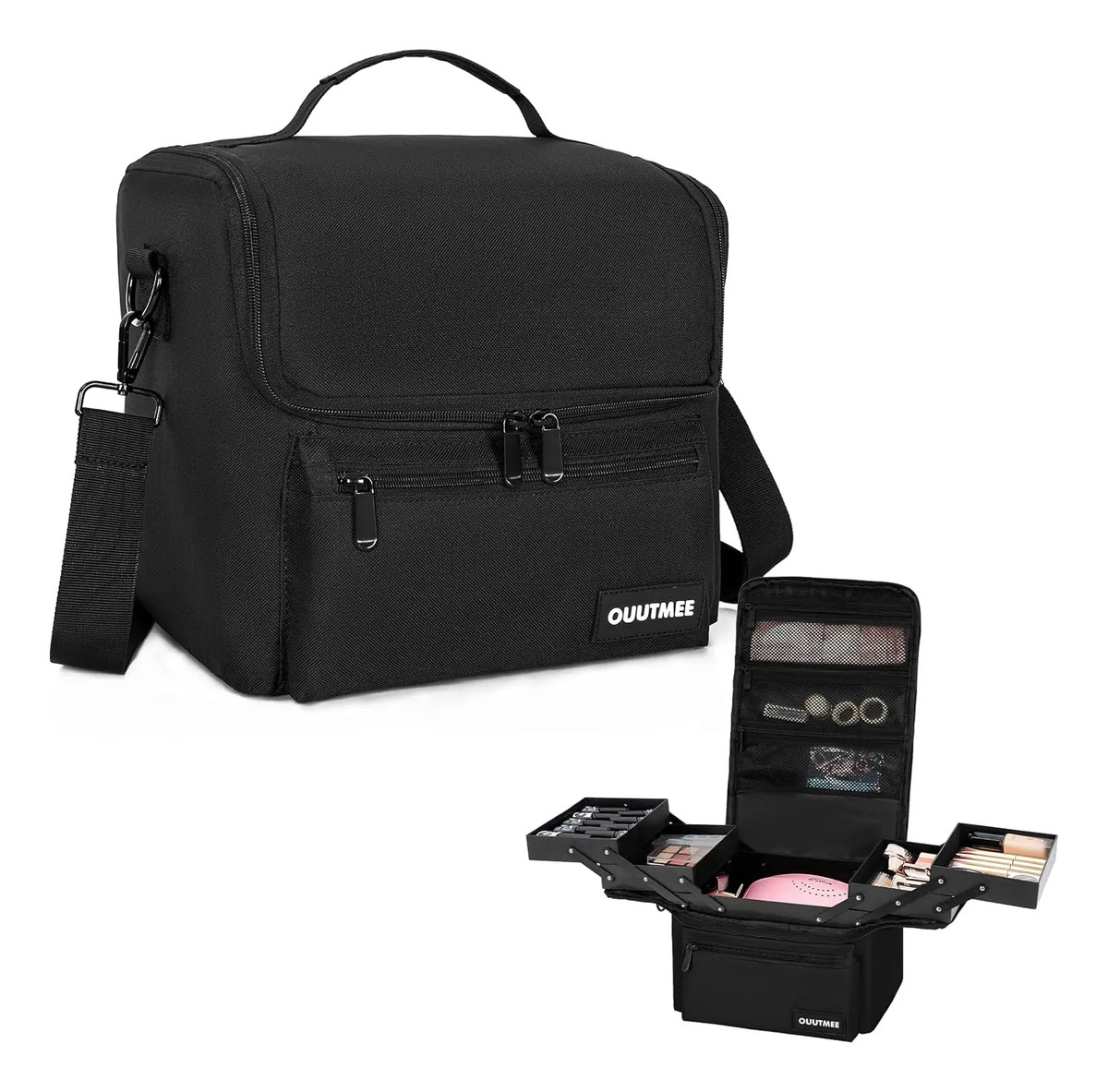 Maletín De Viaje Para Maquillaje Negro Con Correas Y Bolsill Negro