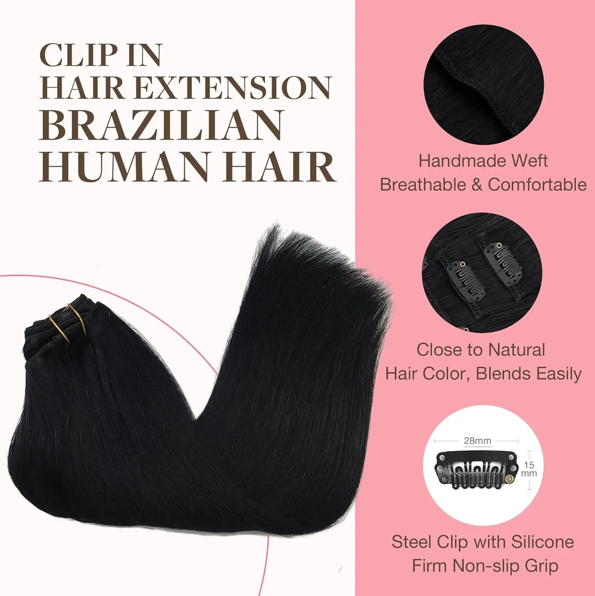 Cabello Clip-on Humano 30cm Negro Negro - Image 3