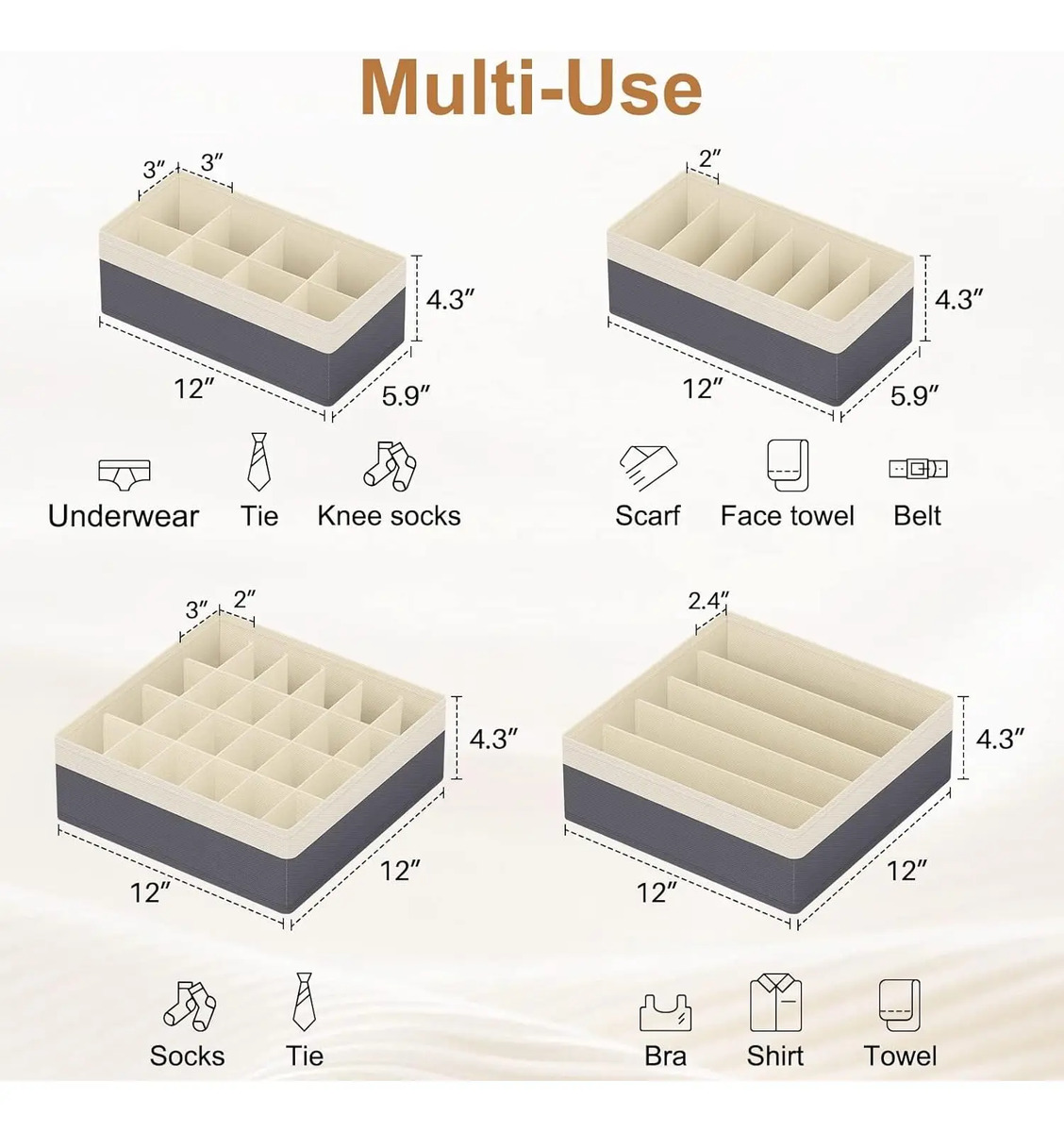 Organizador Cajones Contenedores Plegable 4pzas Beige / Gris Blanco - Image 3