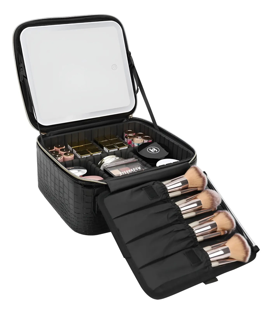 Maletín De Maquillaje Negro Con Espejo Led