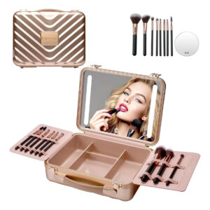 Maletín De Maquillaje Viaje Con Espejo Iluminado Rosa Oro