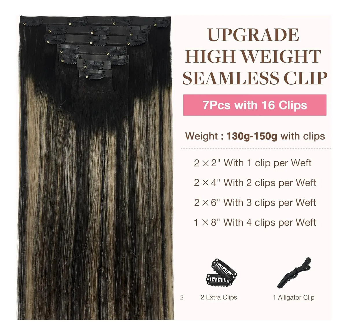 Pelo Humano Clip-in Para Mujeres 45cm Negro Rubio - Image 2