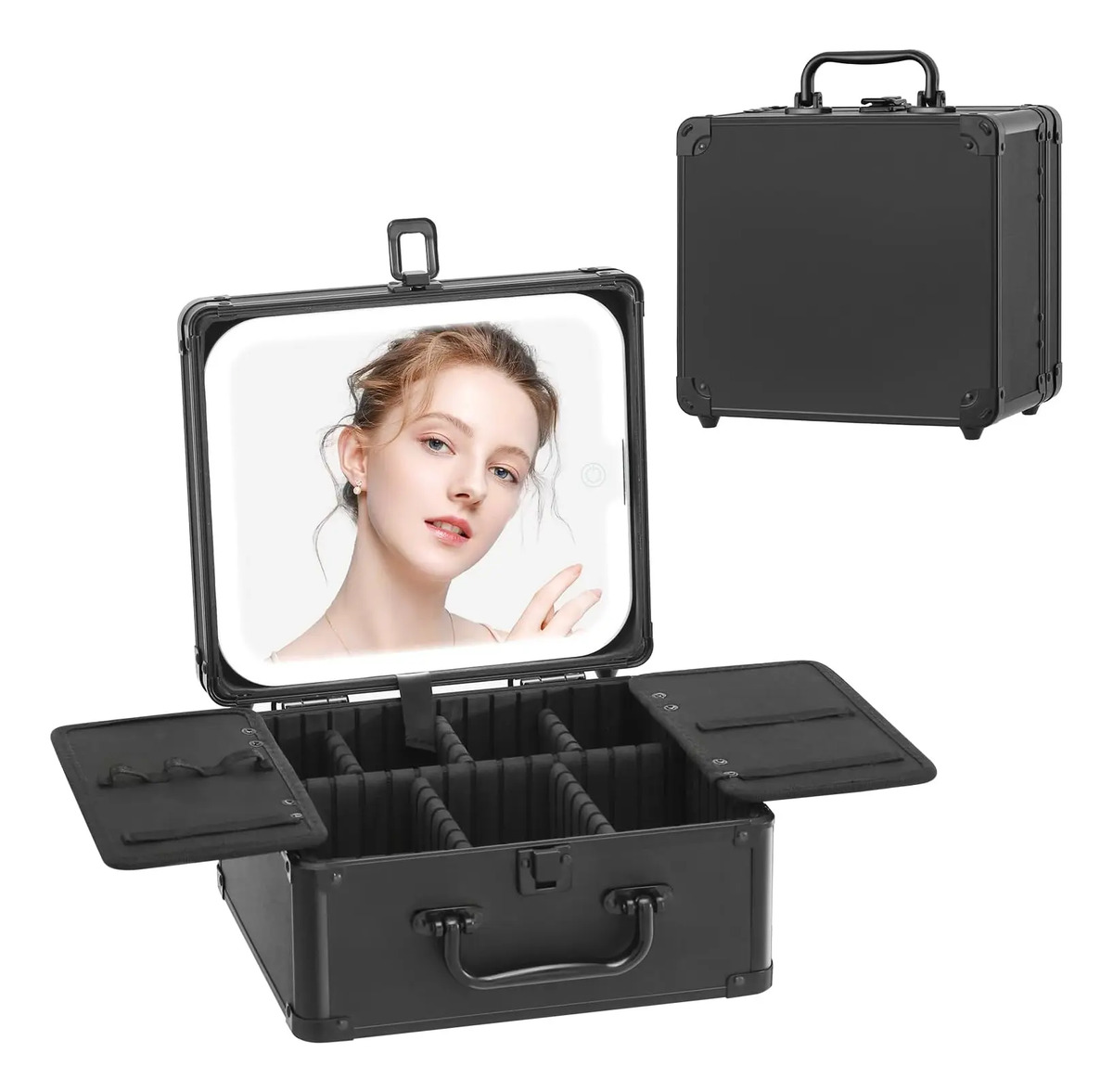 Caja De Maquillaje Con Espejo Led, 3 Capas, Material Abs Neg