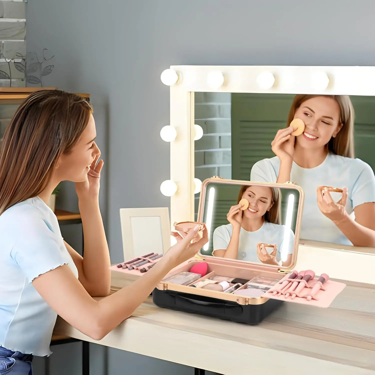 Maletín Portátil De Maquillaje Con Espejo Luz Led, Negro - Image 4