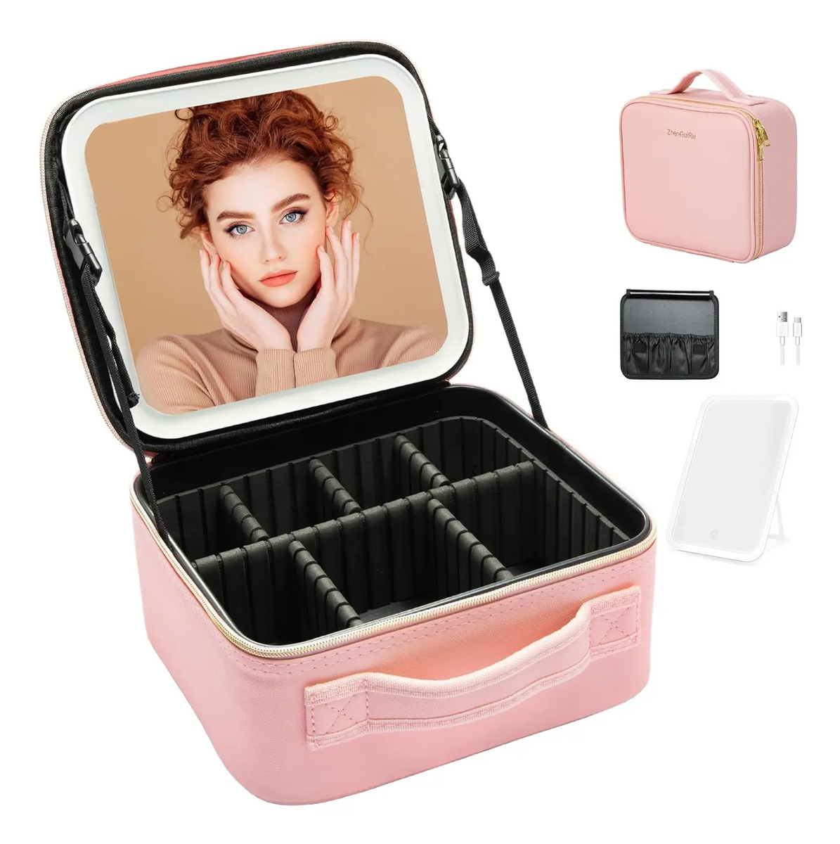 Bolsa De Maquillaje Con Espejo Led Rosa Para Mujeres