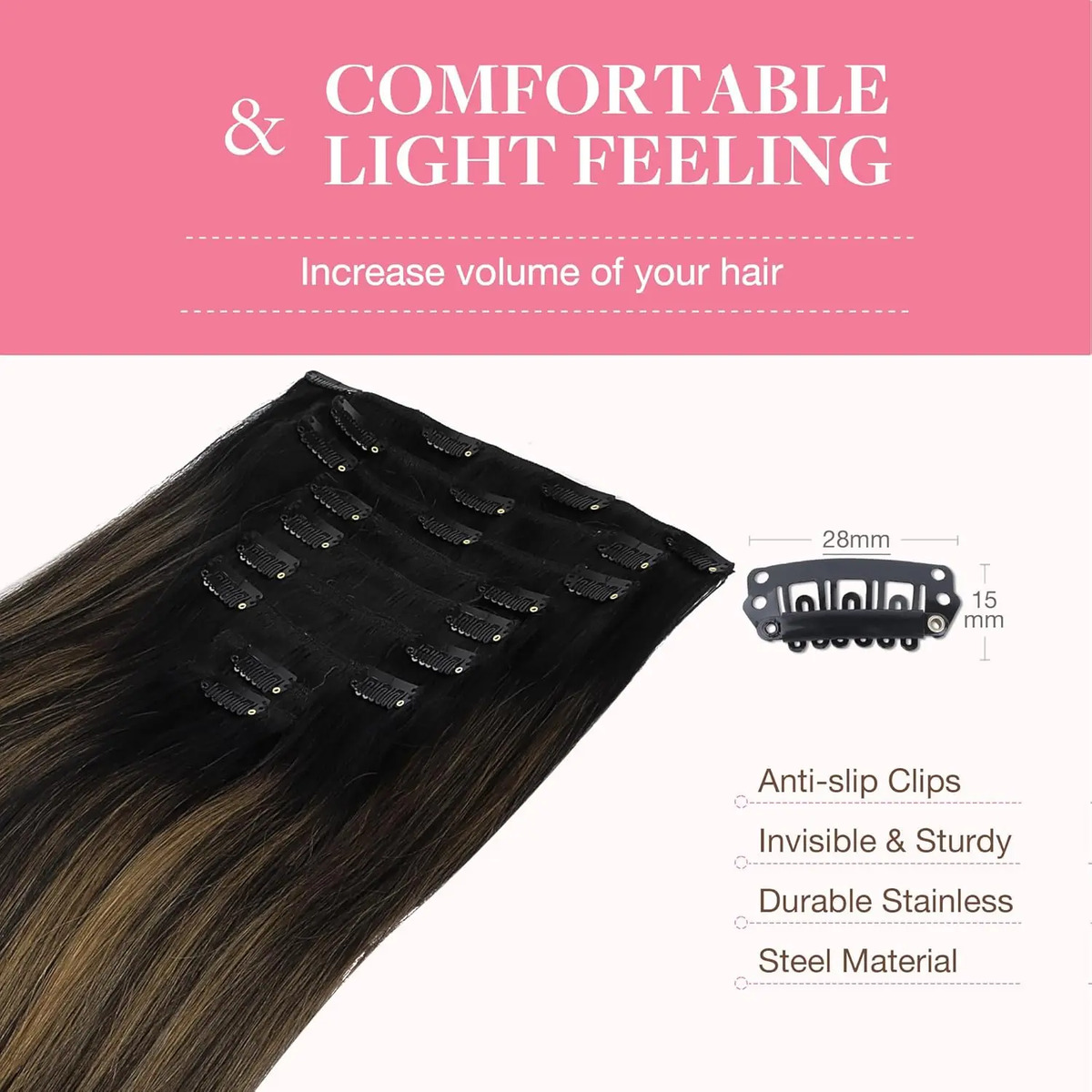 Cabello Clip Humano 150g 40cm Castaño Con Mechas - Image 6