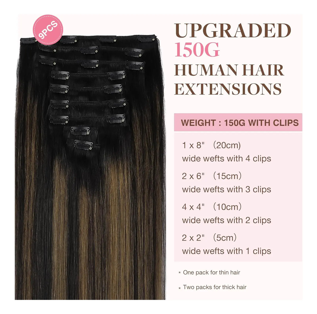 Pelo Humano Clip-in 36 Cm Negro Marrón Negro Marrón - Image 2