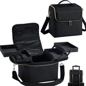 Estuche De Maquillaje Grande De Viaje Negro Con 4 Niveles Y