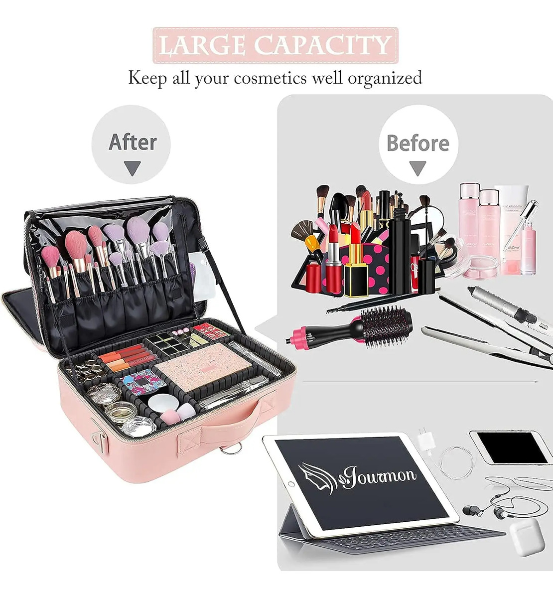 Maletín De Maquillaje Rosa, Con Divisores Ajustables Y Corre - Image 2