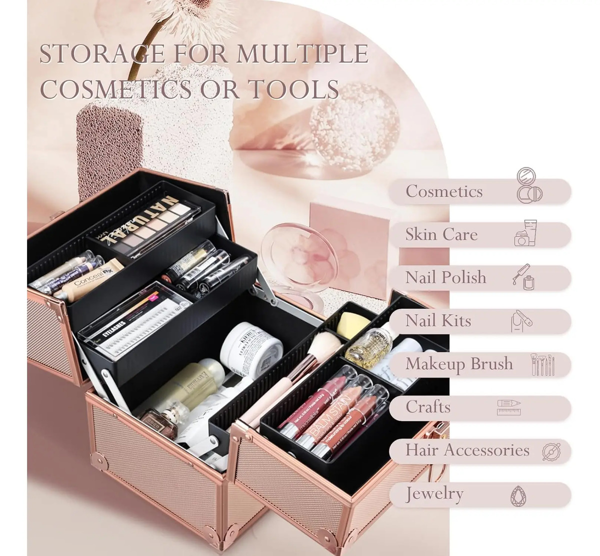 Caja De Maquillaje Frenessa, 25cm, 4 Bandejas, Rosa Dorado - Image 2
