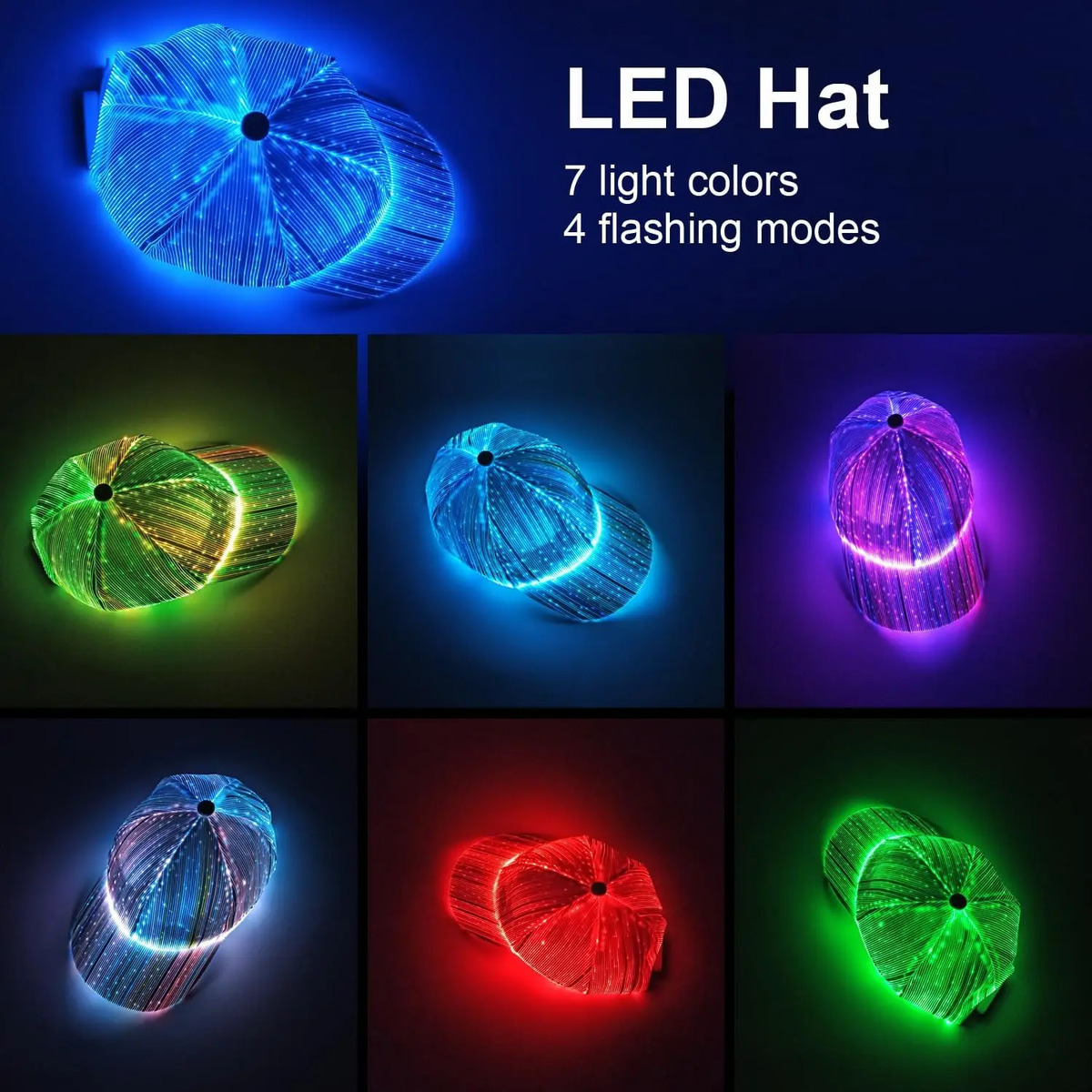 Gorra Led Con Fibra Óptica, 7 Colores, Carga Usb, Blanco - Image 2