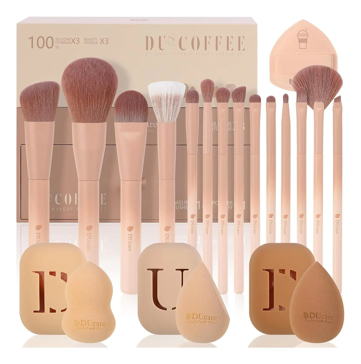Pinceles De Maquillaje Cafe 14 Piezas Con Esponjas