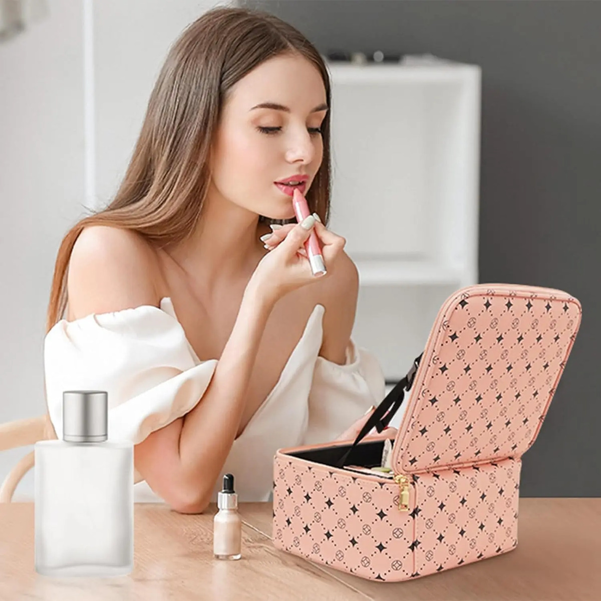 Bolso De Maquillaje Viajero Con Espejo Led Rosa - Image 2