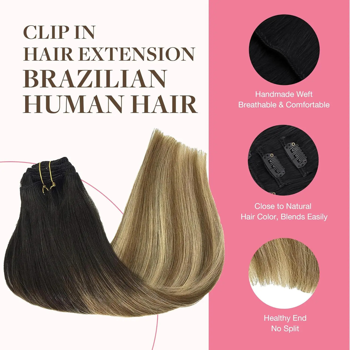 Pelo Clip Humano 20 Pulgadas 150 Gramos Balayaje Marrón Rubi Balayage Marrón Rubí - Image 3