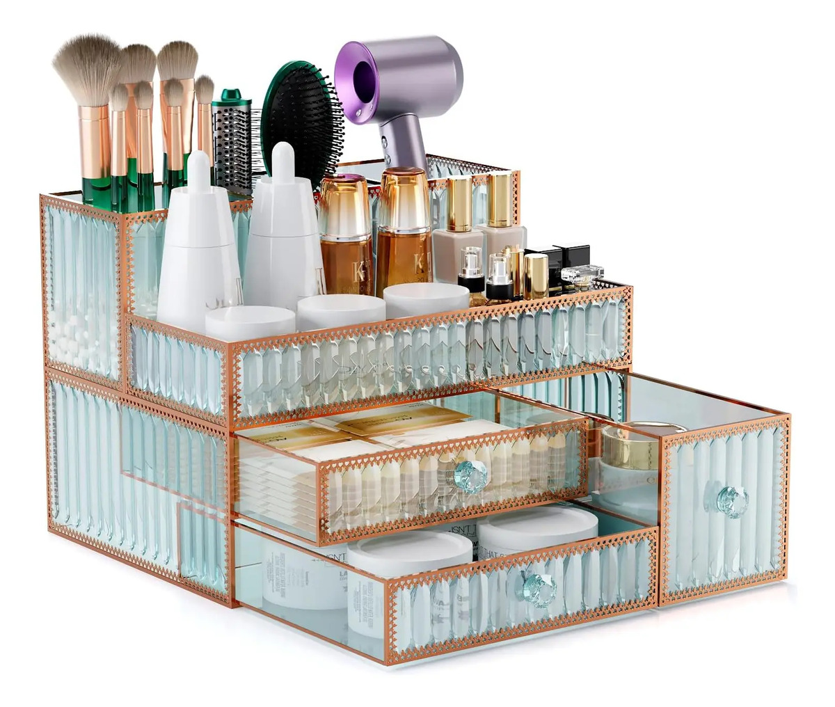 Organizador De Maquillaje De Vidrio Para Cosméticos Verde