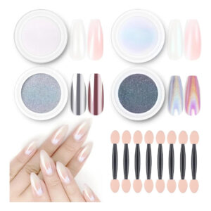 Kit De Polvo Para Uñas Cromado Blanco Perla Efecto Espejo Pl