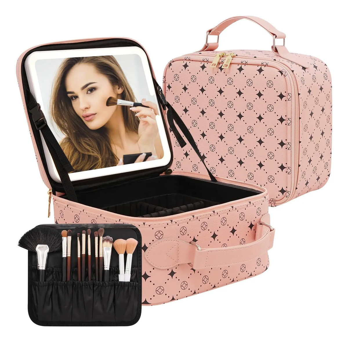 Bolso De Maquillaje Viajero Con Espejo Led Rosa