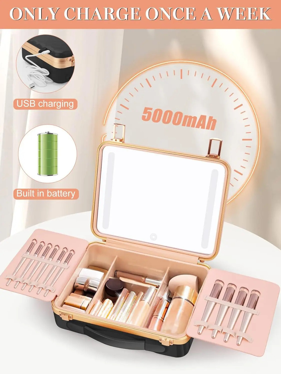 Estuche De Maquillaje Portátil Con Espejo Iluminado, Negro - Image 5