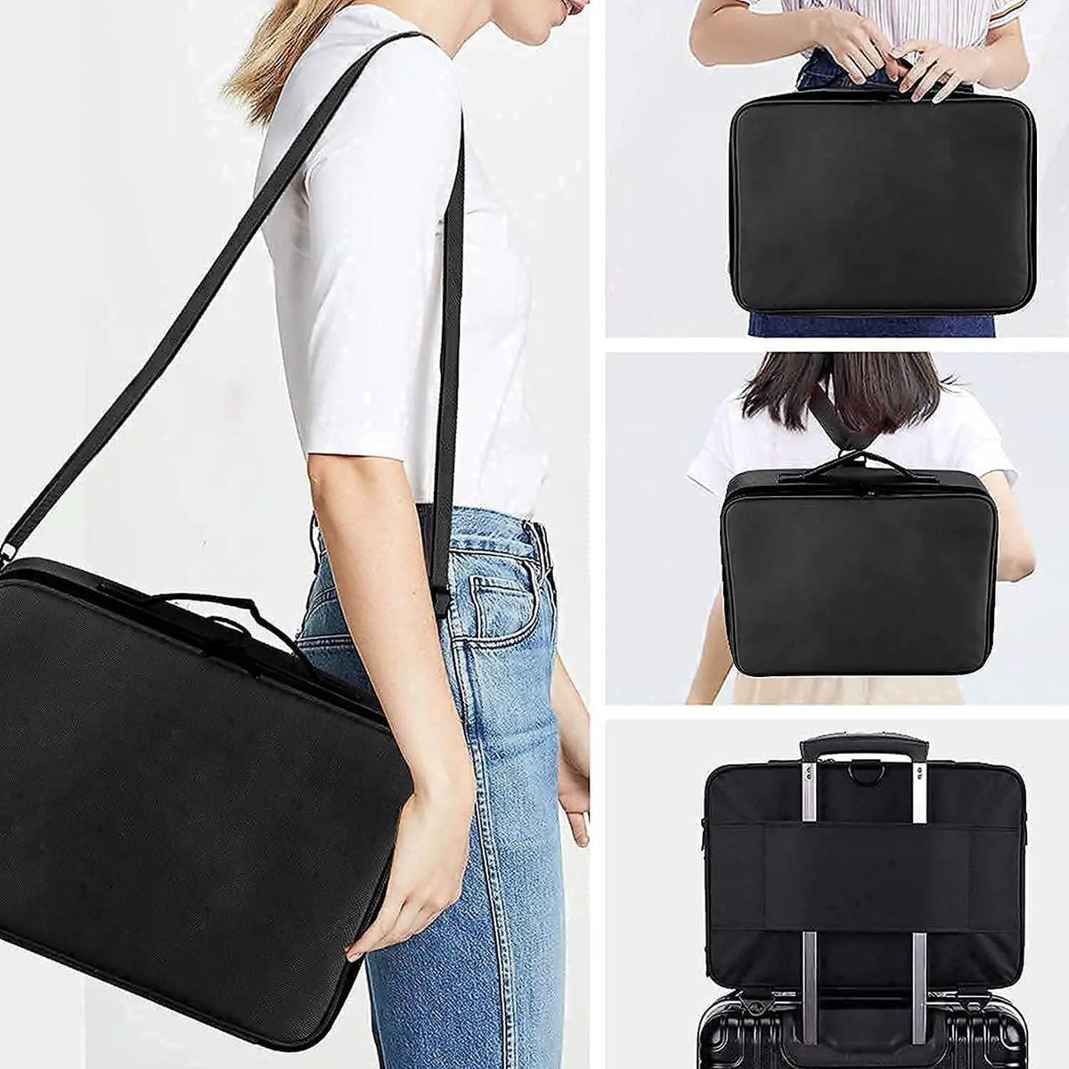 Estuche De Maquillaje Portátil Grande Con Correa Para Hombro Negro - Image 6