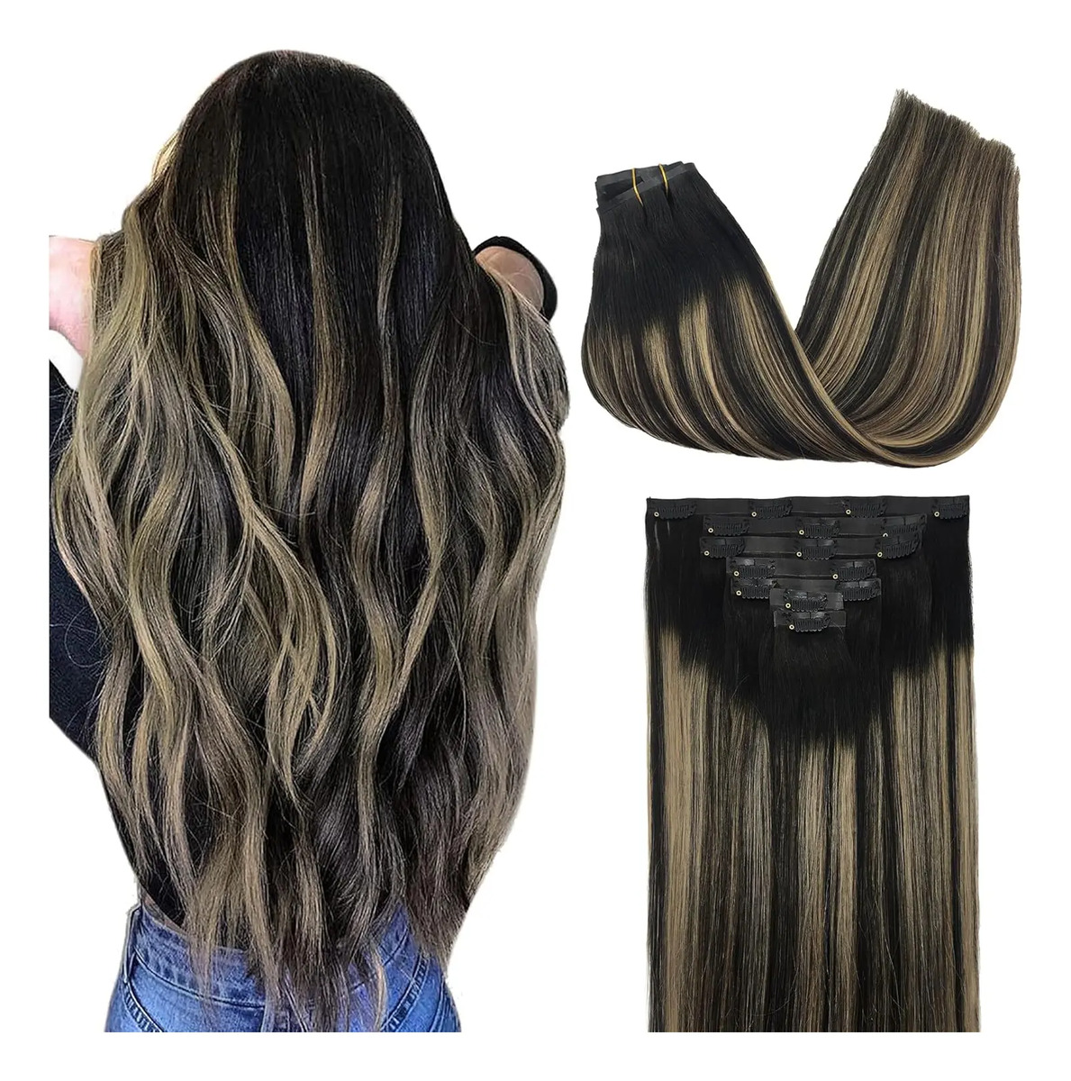 Pelo Humano Clip-in Para Mujeres 45cm Negro Rubio