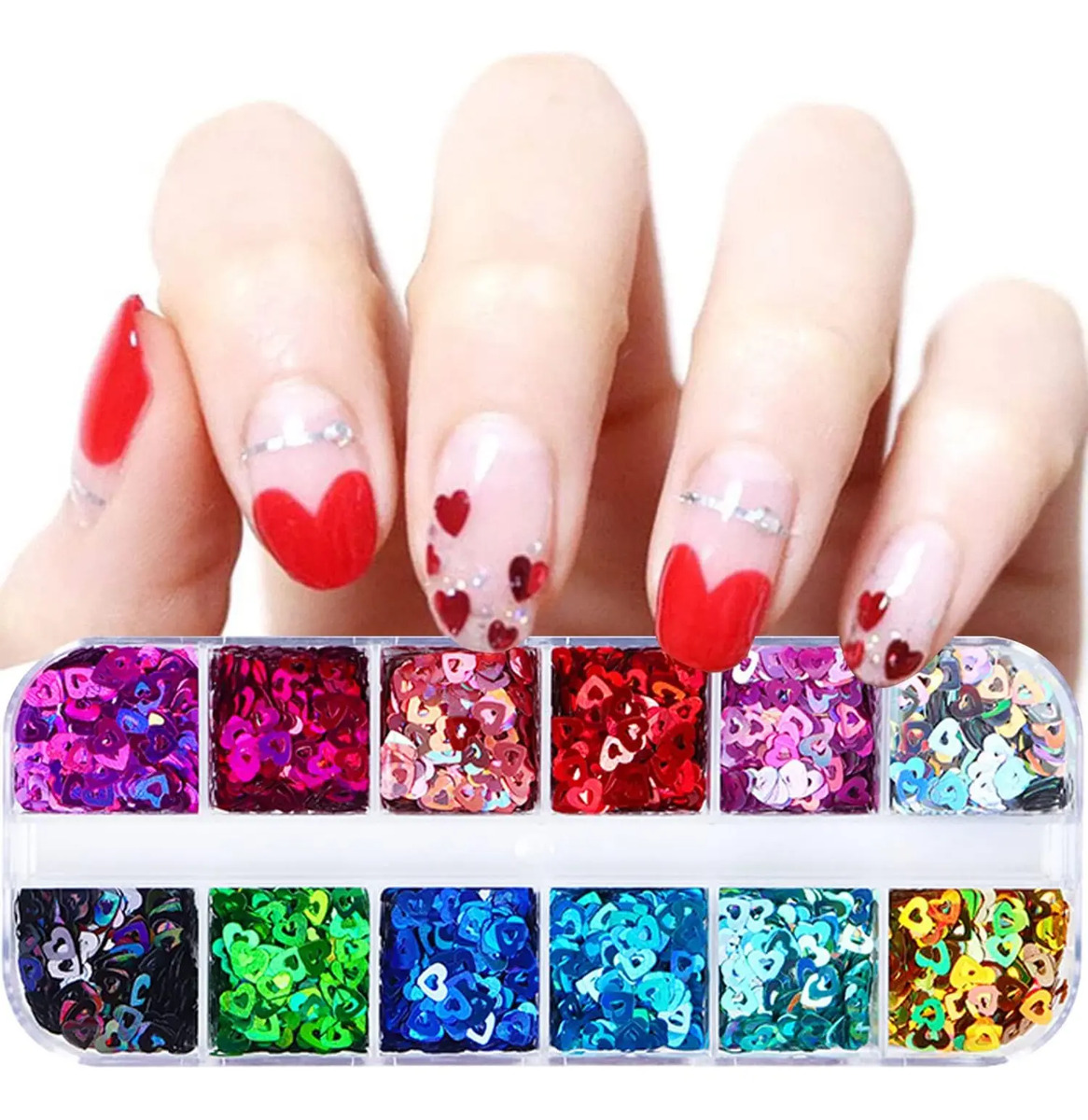 Decoraciones De Uñas Con Corazones Holográficos Y Purpurina