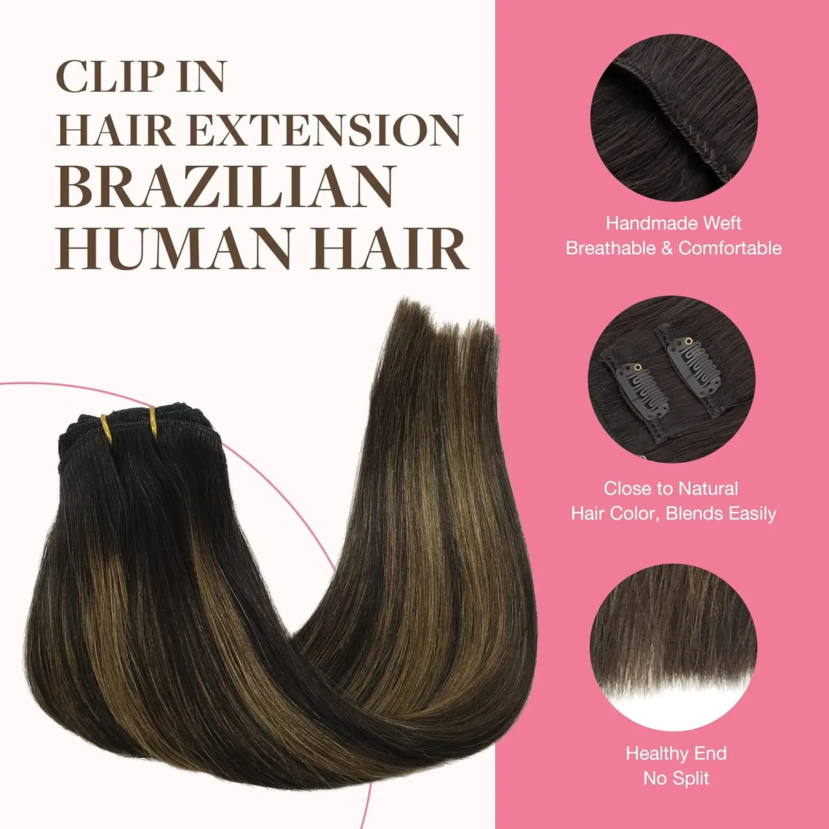 Cabello Clip Humano 150g 40cm Castaño Con Mechas - Image 3
