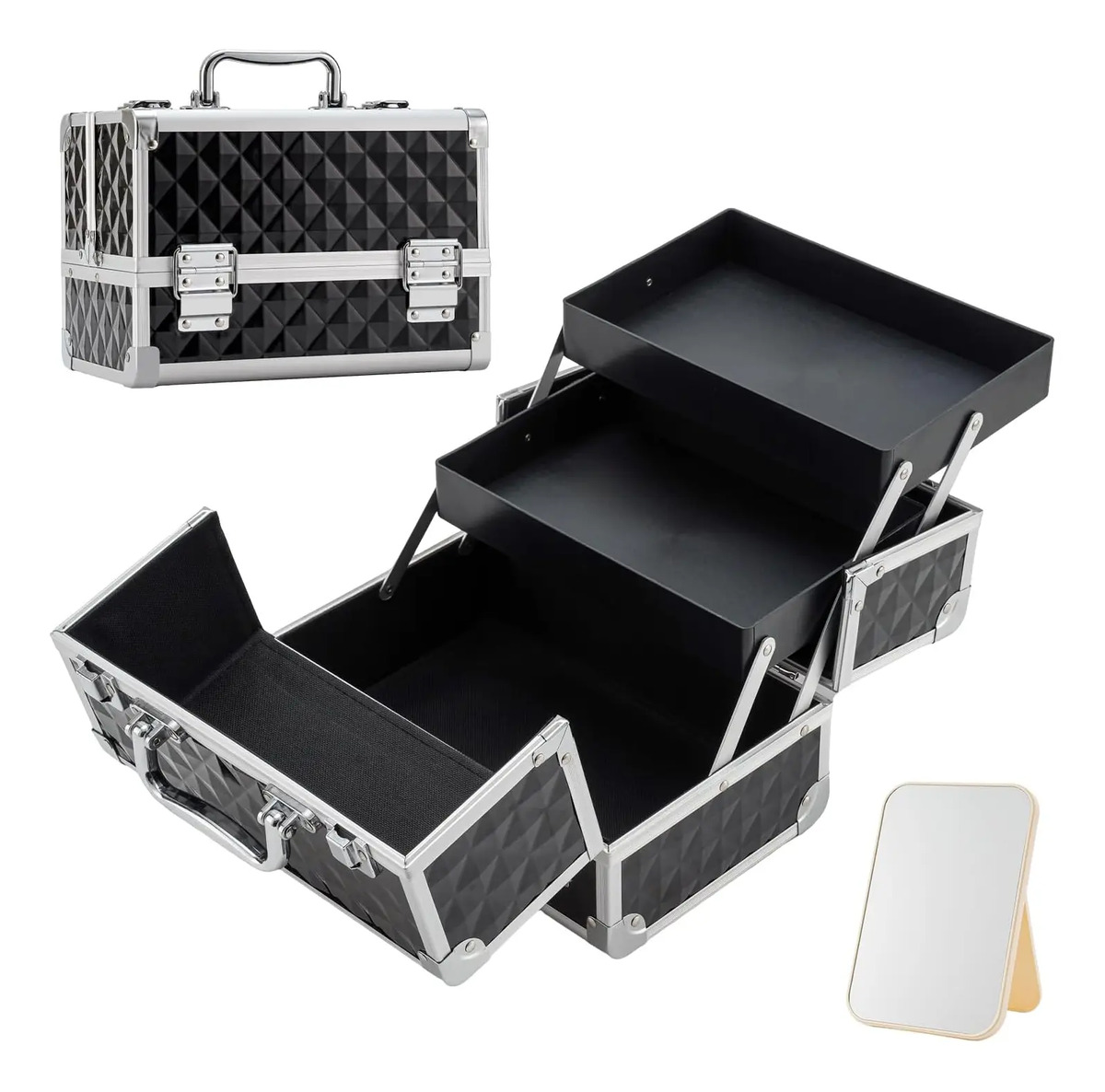 Caja De Maquillaje Portátil Con Espejo Y Bandejas