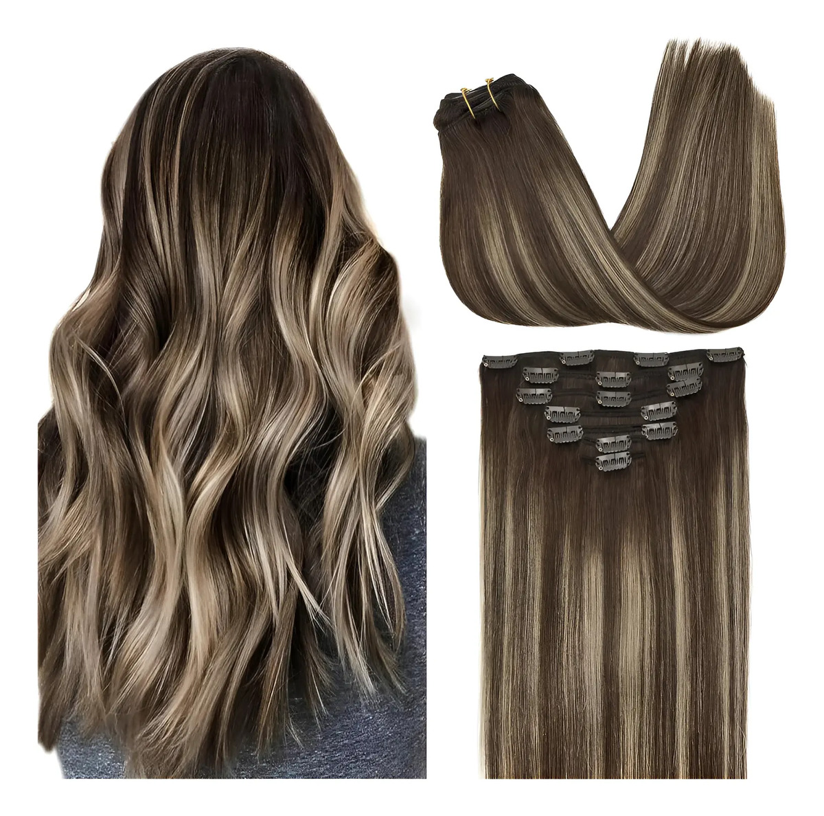 Extensiones De Cabello Remy 55 Cm Marrón Balayado Rubio