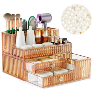 Organizador De Maquillaje En Vidrio Dorado Para Cosméticos