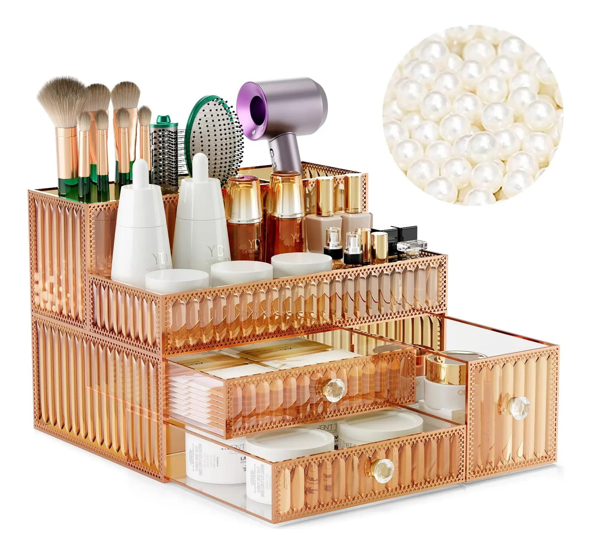 Organizador De Maquillaje En Vidrio Dorado Para Cosméticos