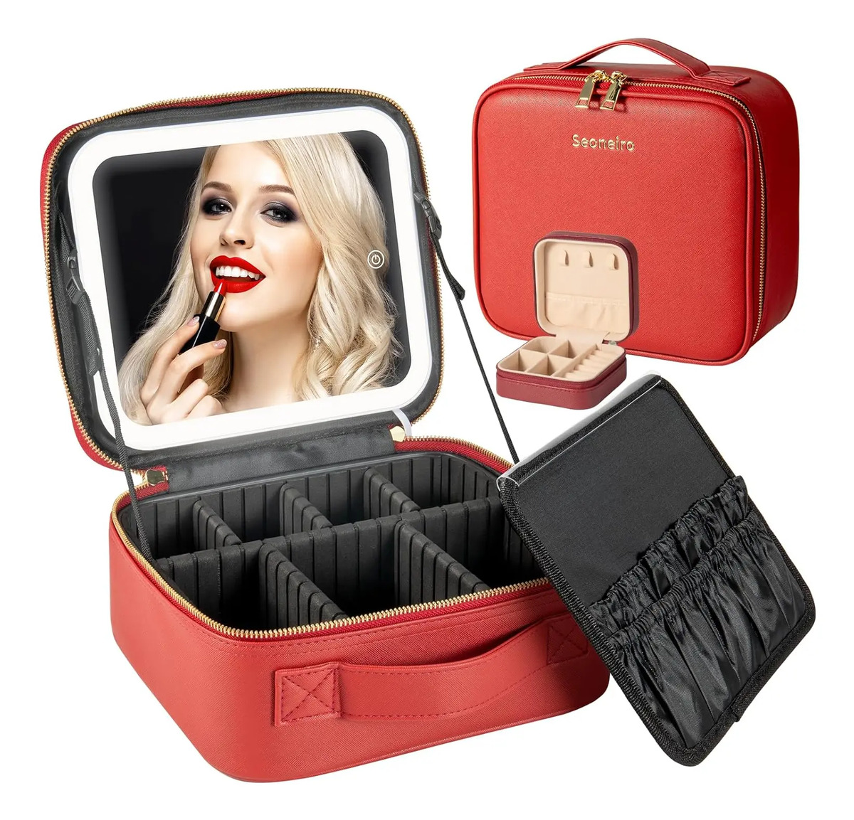 Bolso De Maquillaje Portátil Con Espejo Led En 26x18x10 Cm