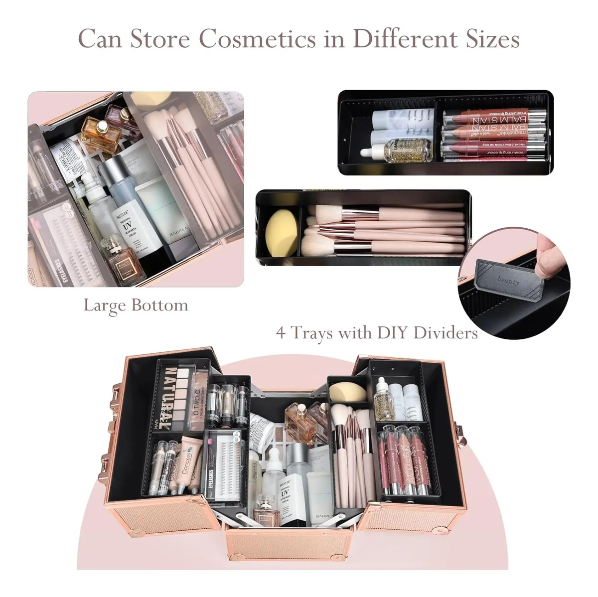 Caja De Maquillaje Frenessa, 25cm, 4 Bandejas, Rosa Dorado - Image 3