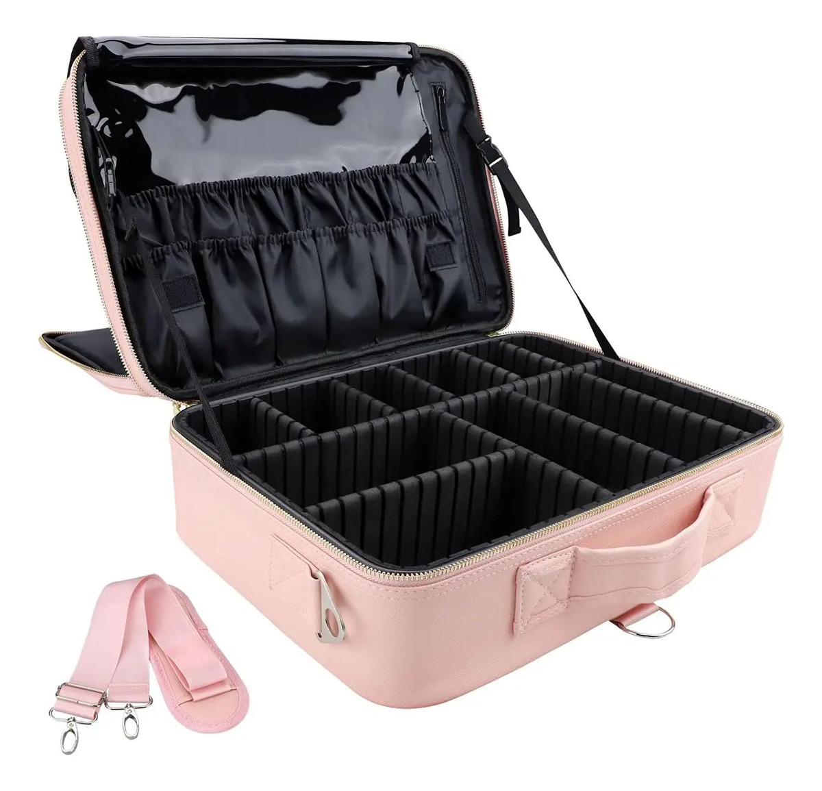 Maletín De Maquillaje Rosa, Con Divisores Ajustables Y Corre