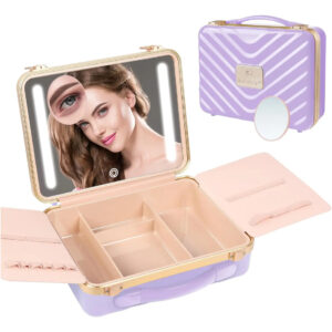 Maleta De Maquillaje Con Espejo Iluminado 5x Púrpura Rosa
