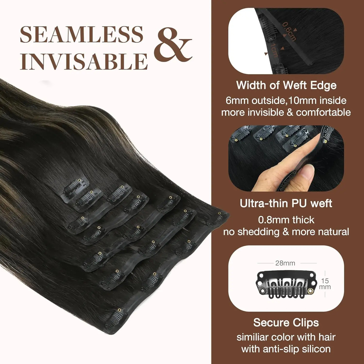 Pelo Humano Clip-in Para Mujeres 45cm Negro Rubio - Image 4