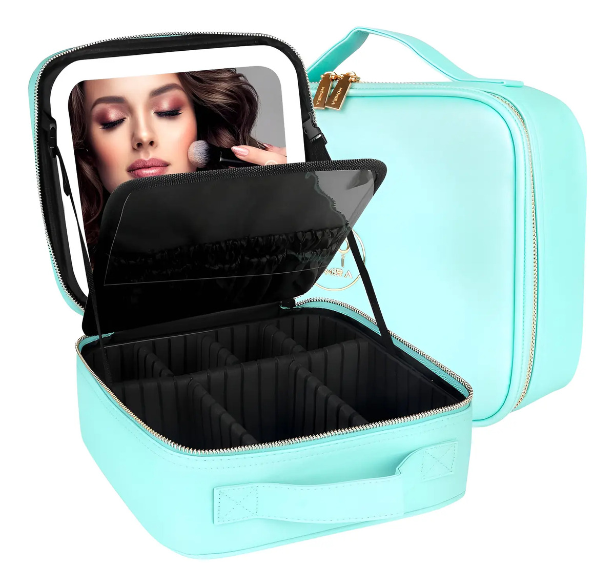Bolso Portátil Con Luz Organizador De Maquillaje Azul Acuáti
