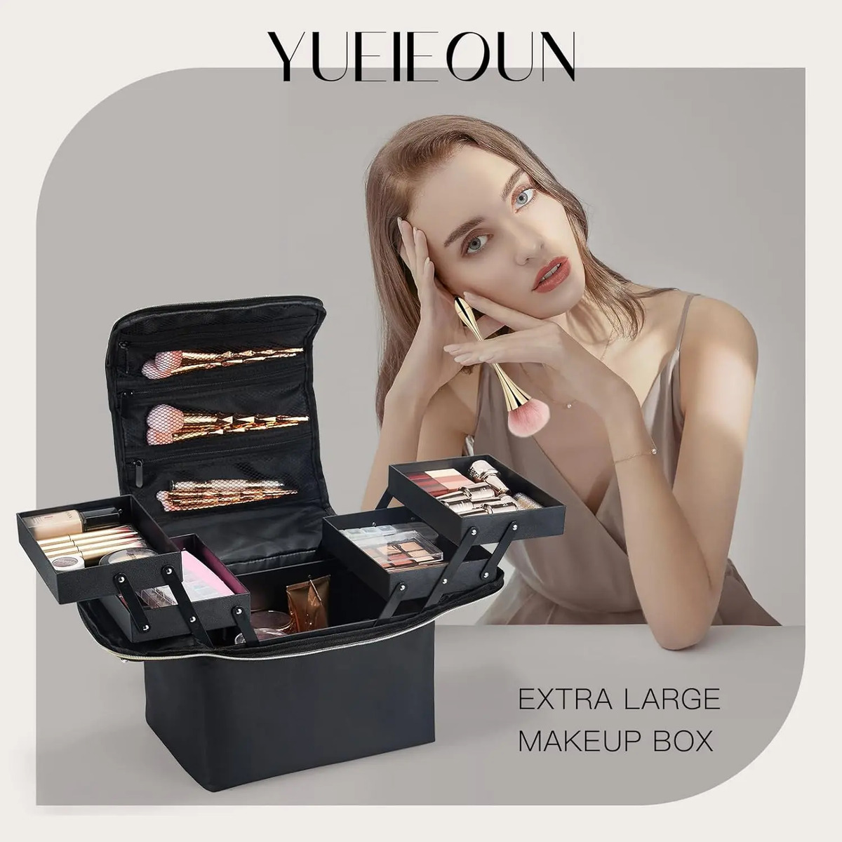 Estuche De Maquillaje Grande De Viaje Negro Con 4 Niveles Y - Image 8