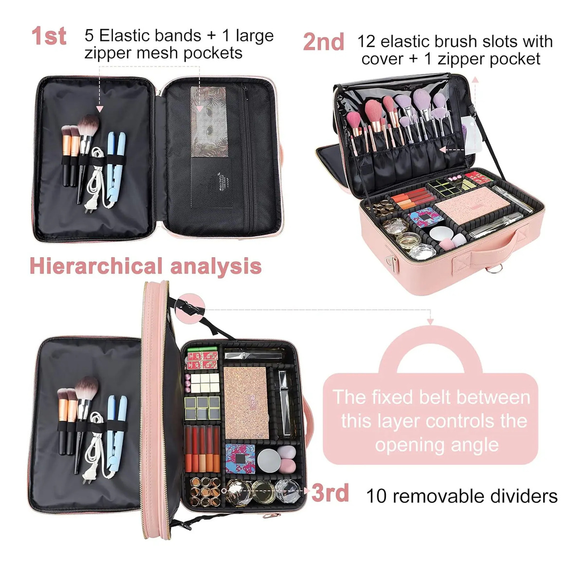 Maletín De Maquillaje Rosa, Con Divisores Ajustables Y Corre - Image 3