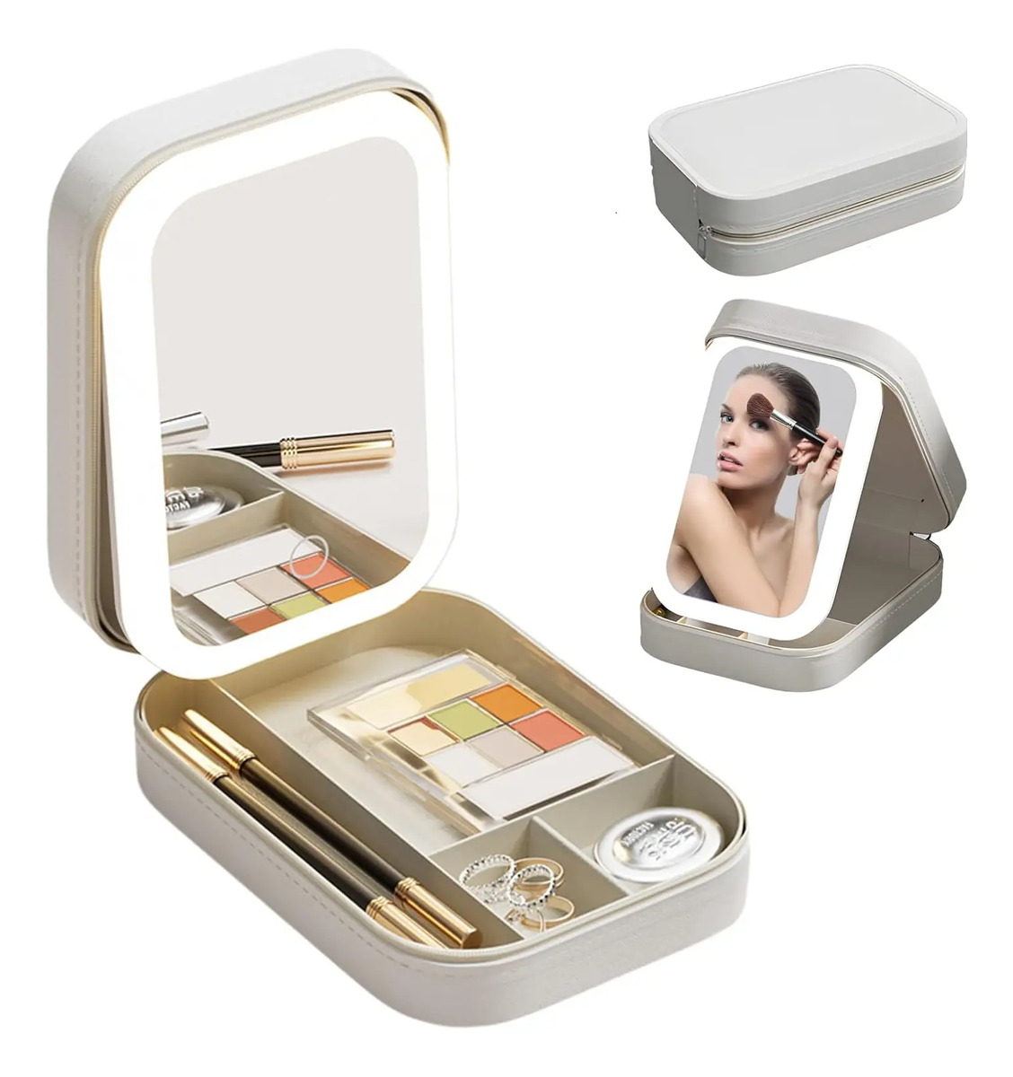 Bolso De Maquillaje Viaje Con Espejo Led Portátil Beige