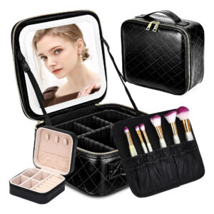 Bolso De Maquillaje Portátil Con Espejo Iluminado, Negro